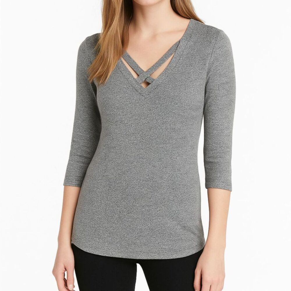 Express Grey Form-Fitting Elbow Sleeve Stretch Knit Top S